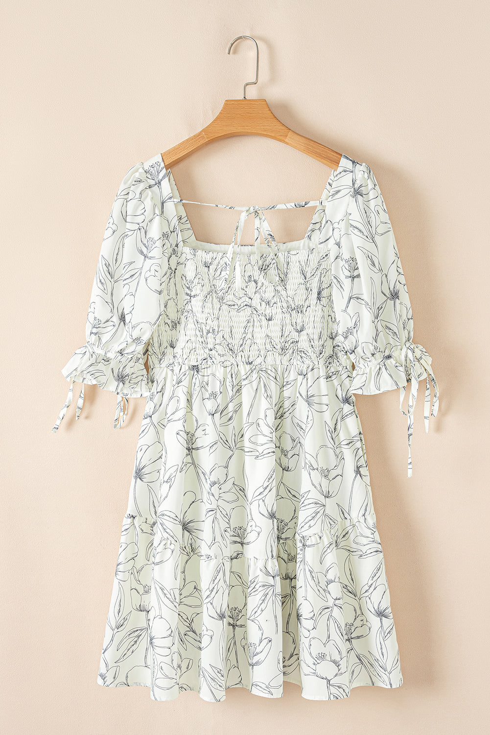 Beige Floral Print Square Neck Shirred Back Puff Sleeve Mini Dress Floral Dresses JT's Designer Fashion