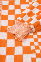 Orange Checkered Bubble Sleeve Drop Shoulder Open Cardigan Plus Size Sweaters & Cardigans JT's Designer Fashion