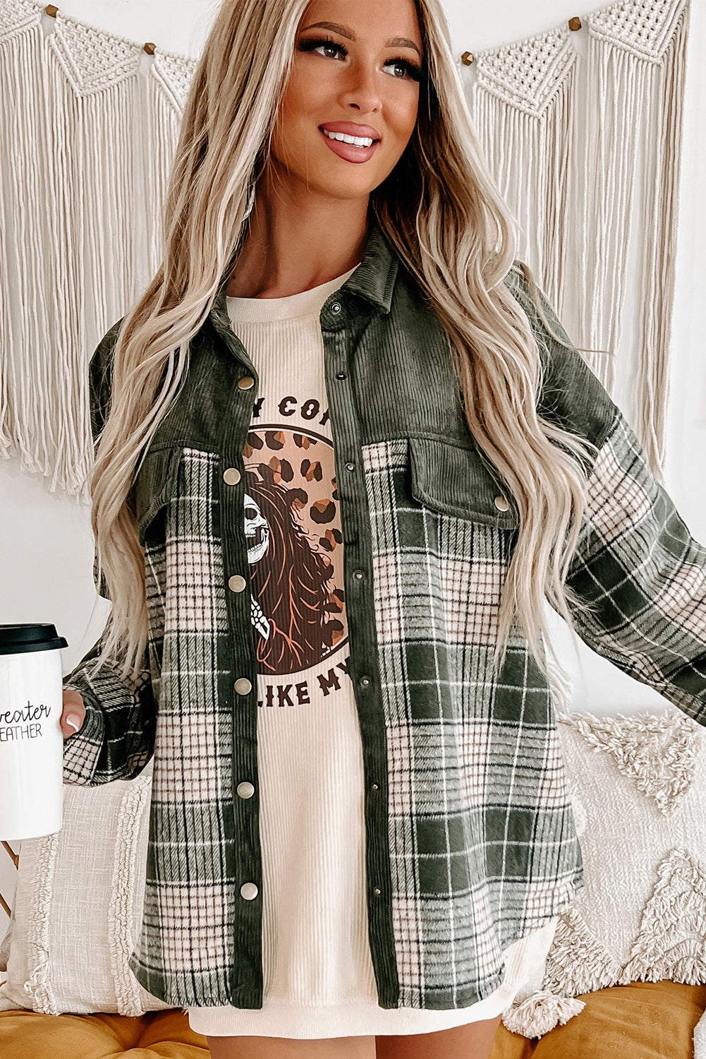 Blackish Green Snap Buttons Colorblock Plaid Shacket Plaid Shackets JT's Designer Fashion