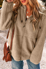 Pale Khaki Fleece Zip Up Drawstring Hooded Pocketed Jacket Jackets JT's Designer Fashion