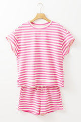 Rose Stripe Crew Neck T Shirt and Drawstring Shorts Set Short Sets JT's Designer Fashion