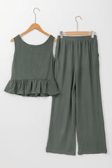 Duffel Green Solid Color Ribbed Ruffle Tank Top and Pants Set Pant Sets JT's Designer Fashion
