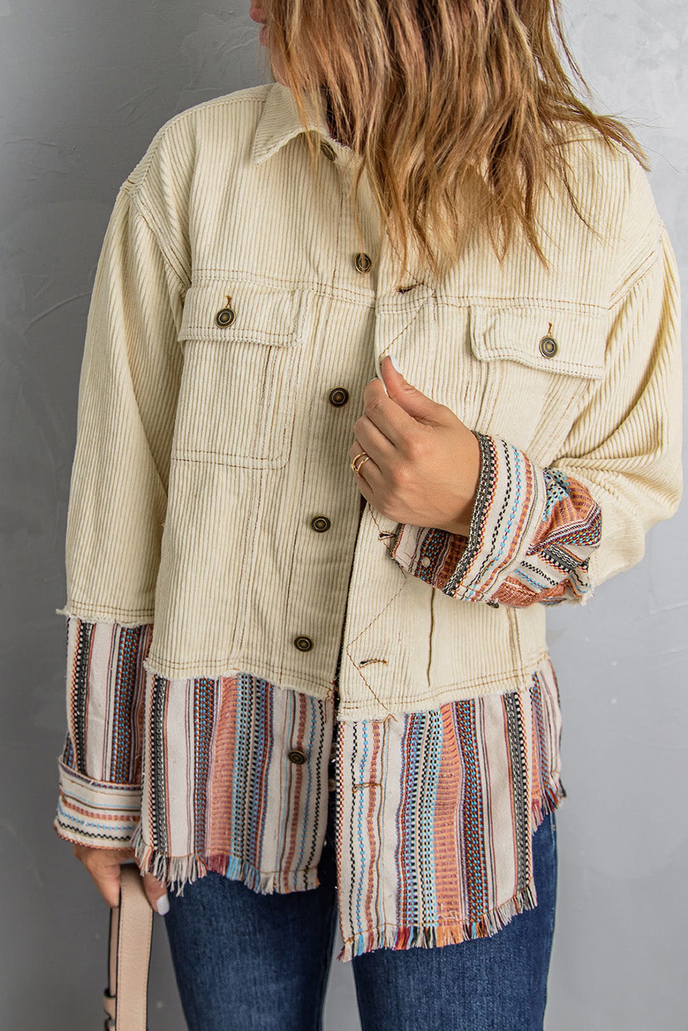 Button Up Pockets Striped Color Block Corduroy Jacket Beige 95%Polyester+5%Spandex Jackets JT's Designer Fashion