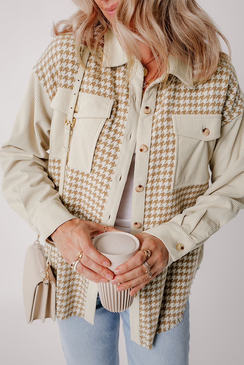 Parchment Houndstooth Corduroy Patchwork Flap Pocket Shacket Jackets JT's Designer Fashion
