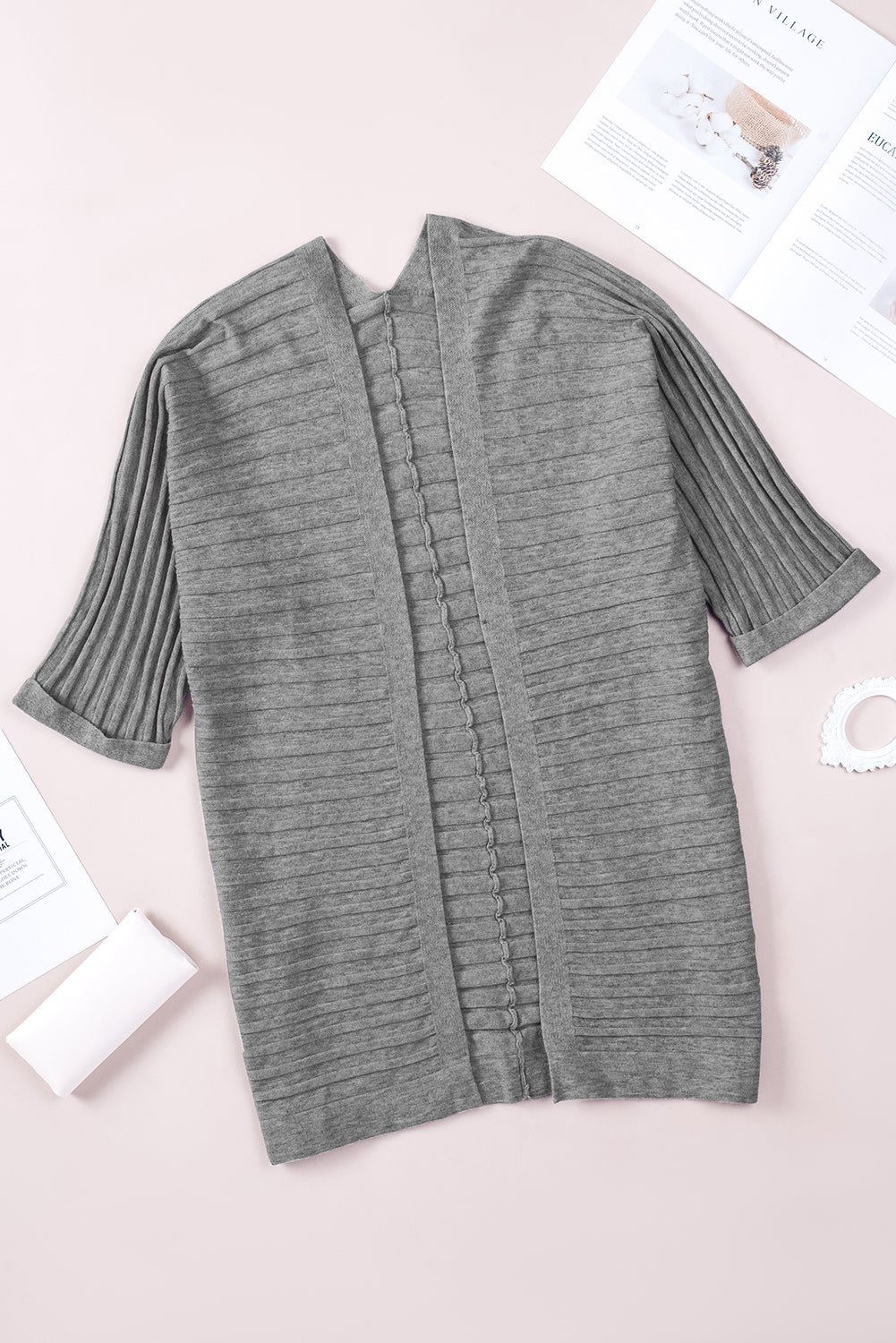 Gray Ribbed Open Front Knit Cardigan Sweaters & Cardigans JT's Designer Fashion