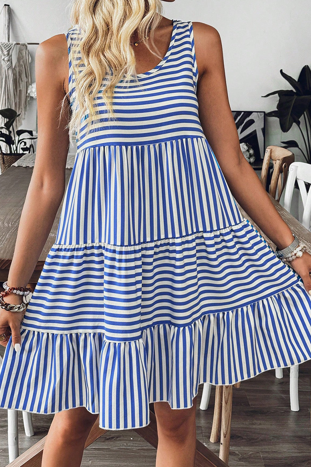 Sky Blue Stripe U Neck Sleeveless Loose Fit Mini Dress Dresses JT's Designer Fashion