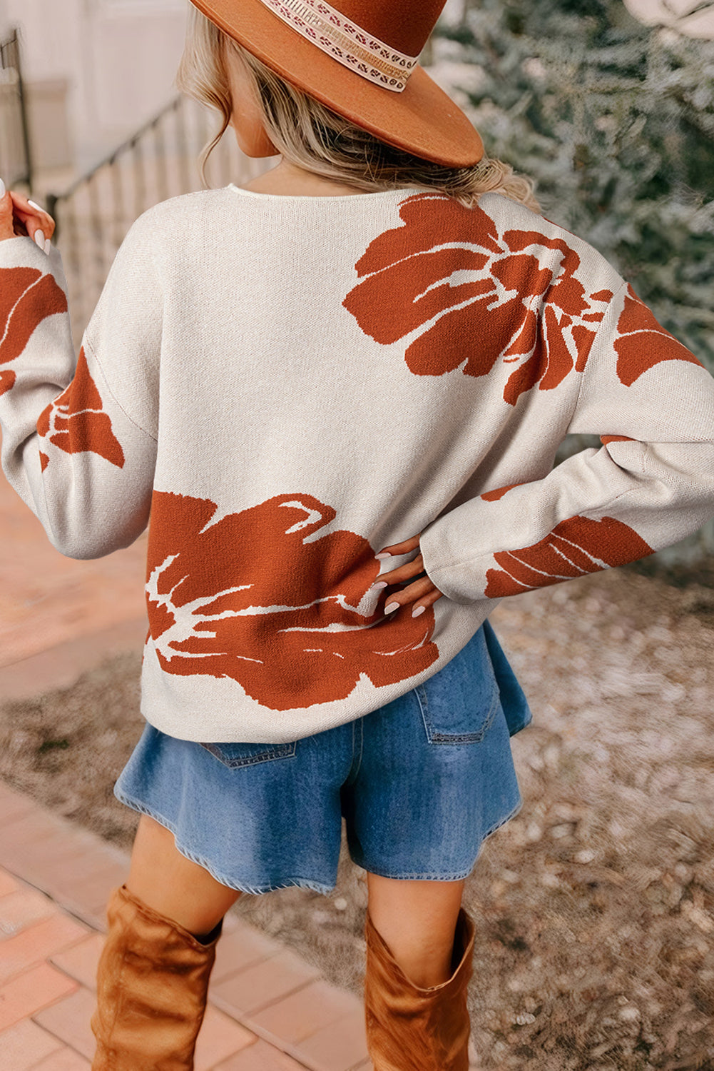 Beige Bold Flower Pattern Wide Sleeve Baggy Sweater Sweaters JT's Designer Fashion