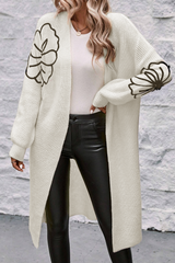 Beige Flower Embroidered Drop Shoulder Open Front Duster Cardigan Cardigans JT's Designer Fashion
