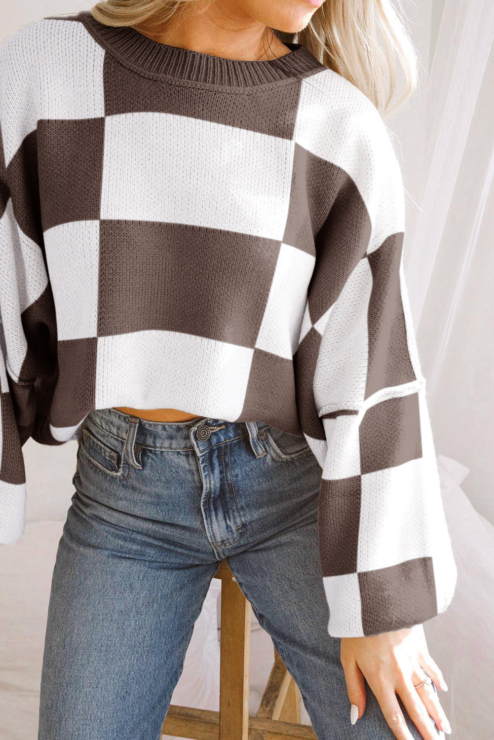 Dark Brown Checkered Bishop Sleeve Sweater Sweaters JT's Designer Fashion