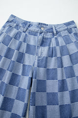 Dusk Blue Checkered Denim Wide Leg Jeans Jeans JT's Designer Fashion