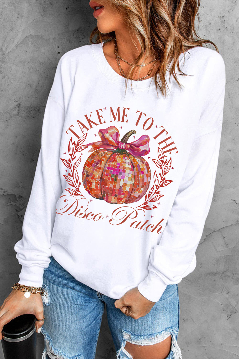 Beige Halloween Disco Ball Pumpkin Print Pullover Sweatshirt Graphic Sweatshirts JT's Designer Fashion