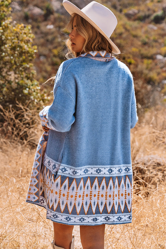 Blue Aztec Print Open Front Knitted Cardigan Sweaters & Cardigans JT's Designer Fashion