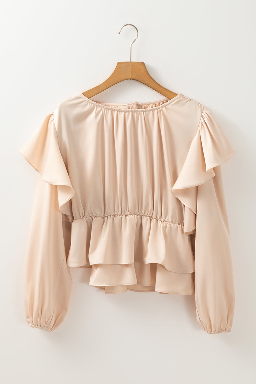 Oatmeal Lace-up Keyhole Back Ruffled Peplum Blouse Blouses & Shirts JT's Designer Fashion