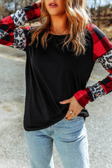 Black Off Shoulder Plaid&Leopard Print Long Sleeve Top Long Sleeve Tops JT's Designer Fashion