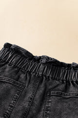 Black Vintage Washed Frilled High Waist Denim Shorts Denim Shorts JT's Designer Fashion