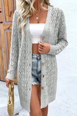 Gray Hollow Out Buttons Front Long Cardigan Gray 100%Acrylic Cardigans JT's Designer Fashion