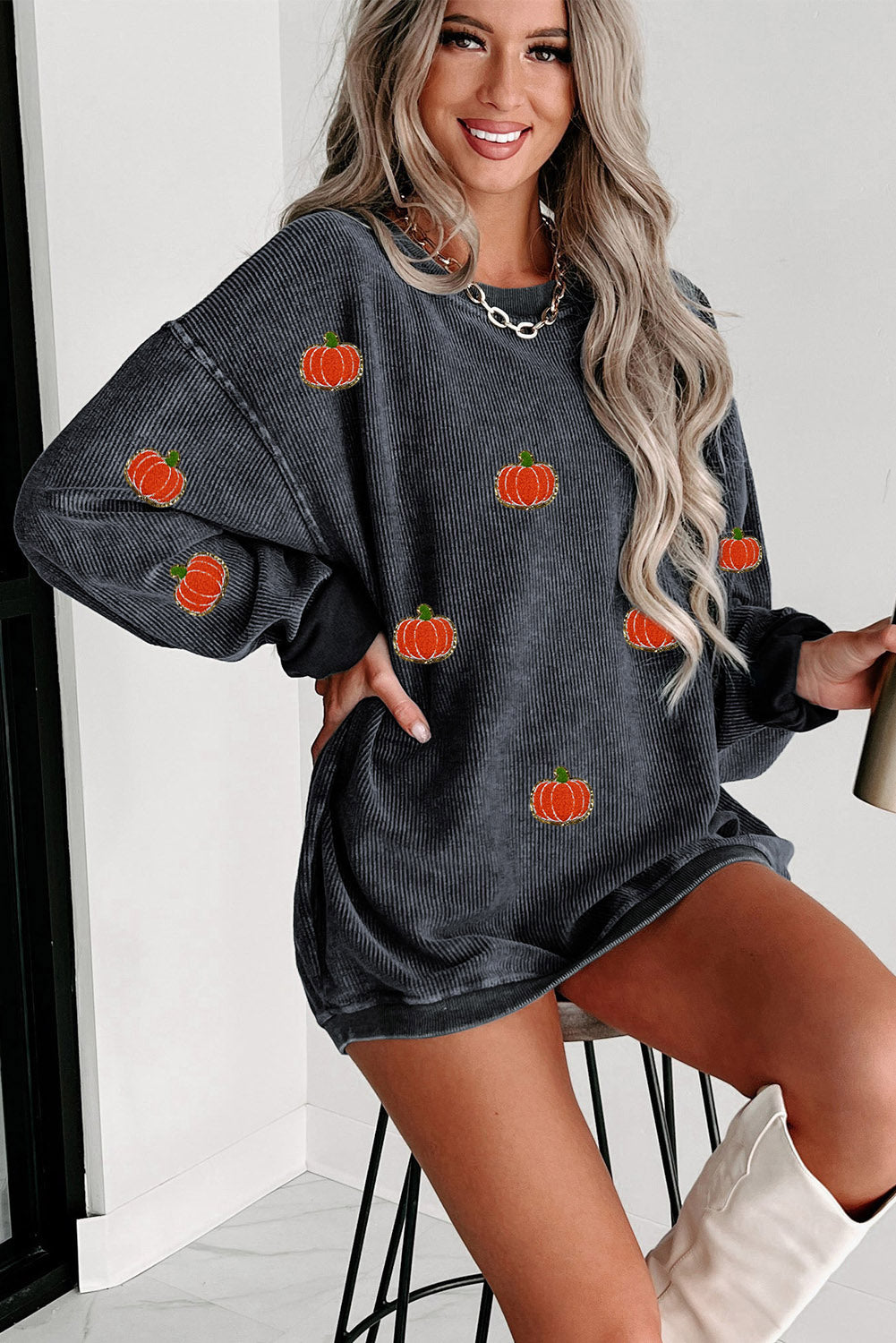 Gray Halloween Pumpkin Graphic Drop Shoulder Ribbed Sweatshirt Graphic Sweatshirts JT's Designer Fashion