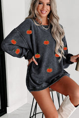 Gray Halloween Pumpkin Graphic Drop Shoulder Ribbed Sweatshirt Graphic Sweatshirts JT's Designer Fashion