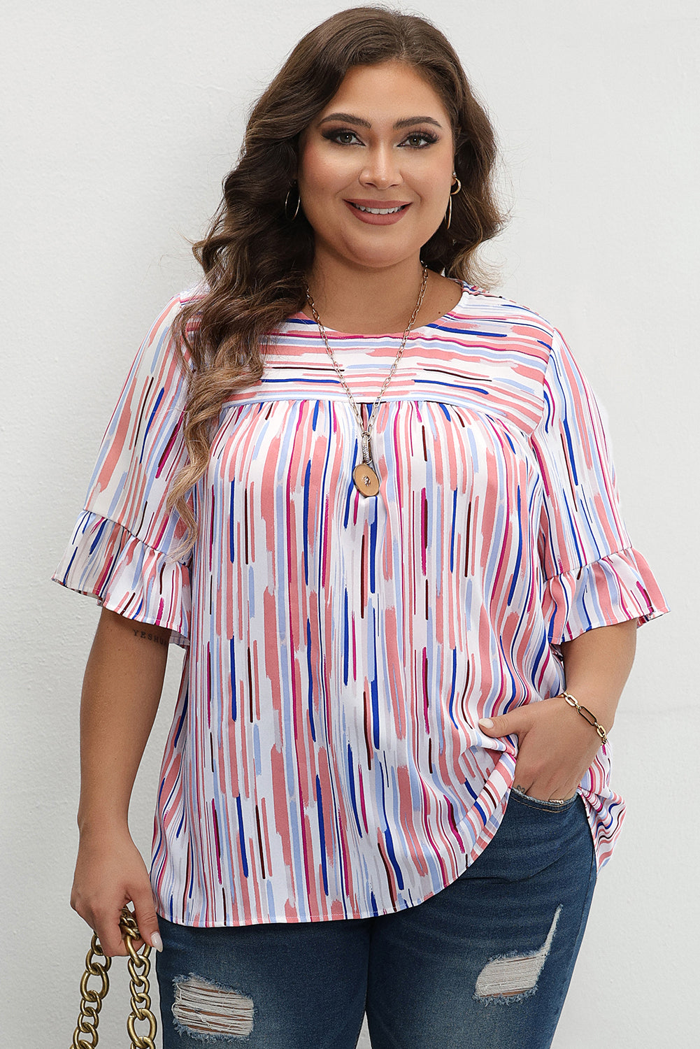 White Stripe Ruffled Short Sleeve Plus Size Blouse White Stripe Woven Plus Size Tops JT's Designer Fashion