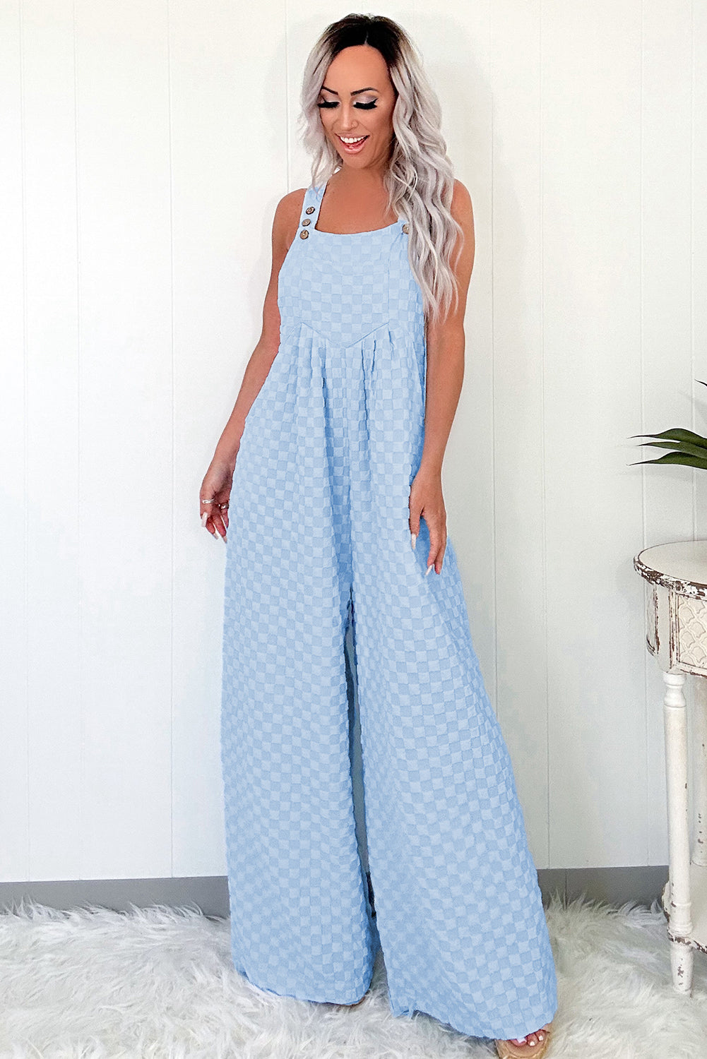 Beau Blue Checkered Pocketed High Waist Wide Leg Overall Jumpsuits & Rompers JT's Designer Fashion