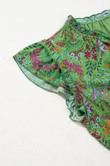 Green Floral Tie Split Neck Frilly Ruffle Trim Tiered Short Dress Floral Dresses JT's Designer Fashion