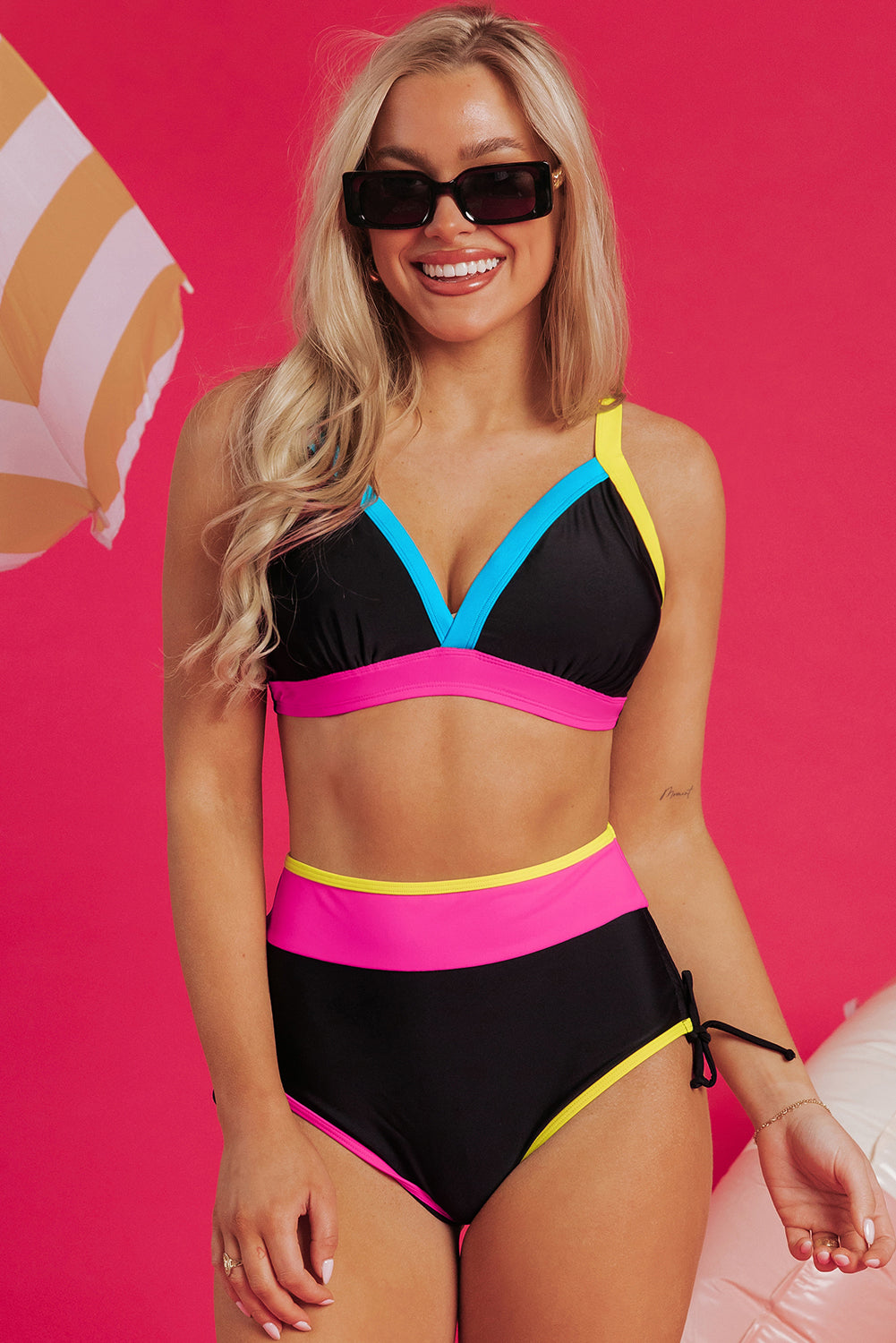 Black Color Block Drawstring Side V Neck High Waist Bikini Set Black 82%Polyamide+18%Elastane Bikinis JT's Designer Fashion