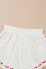 White Contrast Bow Trim Pearl Puff Sleeve Blouse and Skort 2pcs Set Short Sets JT's Designer Fashion