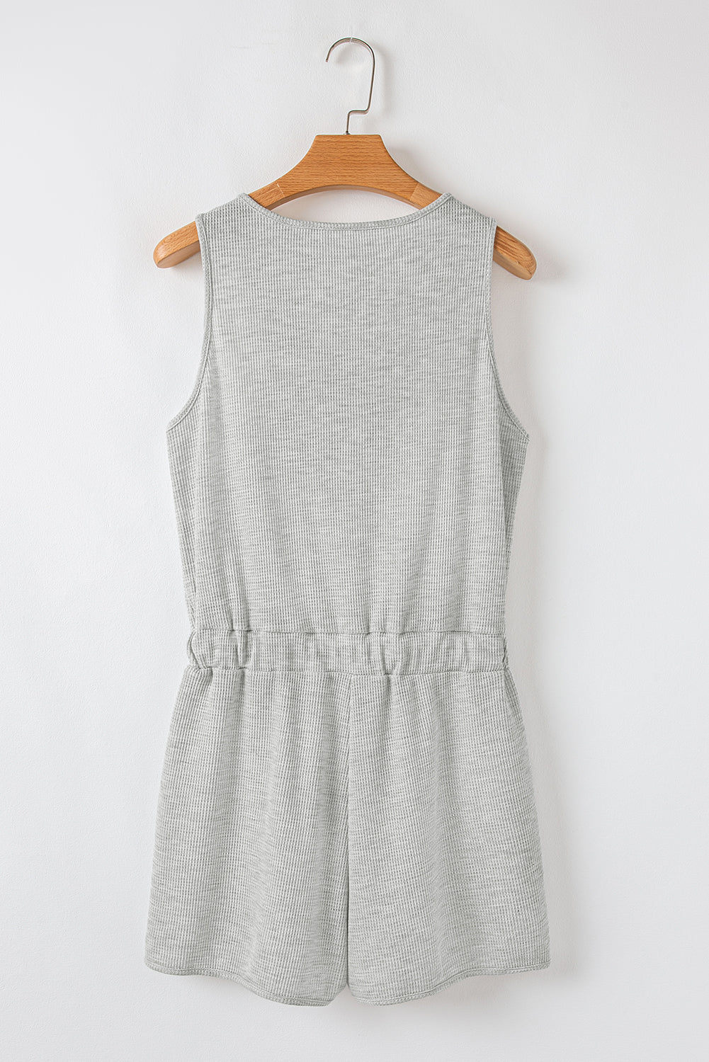 Light Grey Waffle Knit Sleeveless Buttoned Front Drawstring Waist Romper Jumpsuits & Rompers JT's Designer Fashion