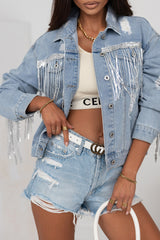Sky Blue Sequin Embellished Fringe Distressed Denim Jacket Denim Jackets JT's Designer Fashion