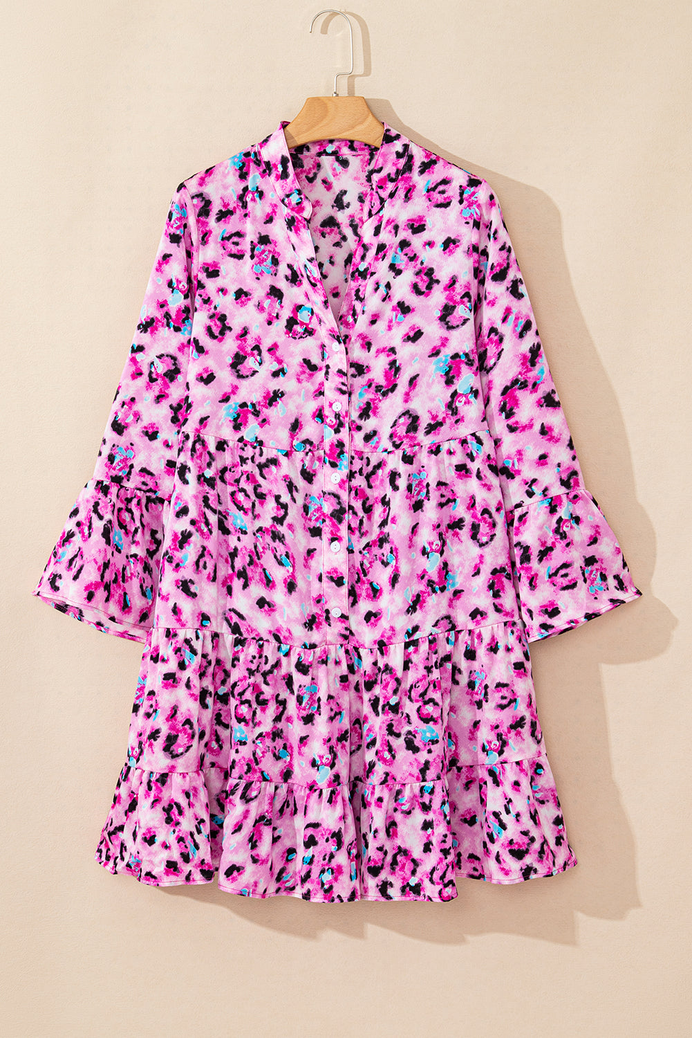 Rose Leopard Print Buttoned Front 3/4 Sleeve Tiered Ruffled Hem Dress Mini Dresses JT's Designer Fashion