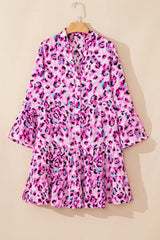 Rose Leopard Print Buttoned Front 3/4 Sleeve Tiered Ruffled Hem Dress Mini Dresses JT's Designer Fashion