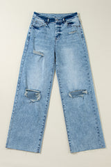 Light Blue Distressed Ripped Raw Hem Straight Jeans Jeans JT's Designer Fashion