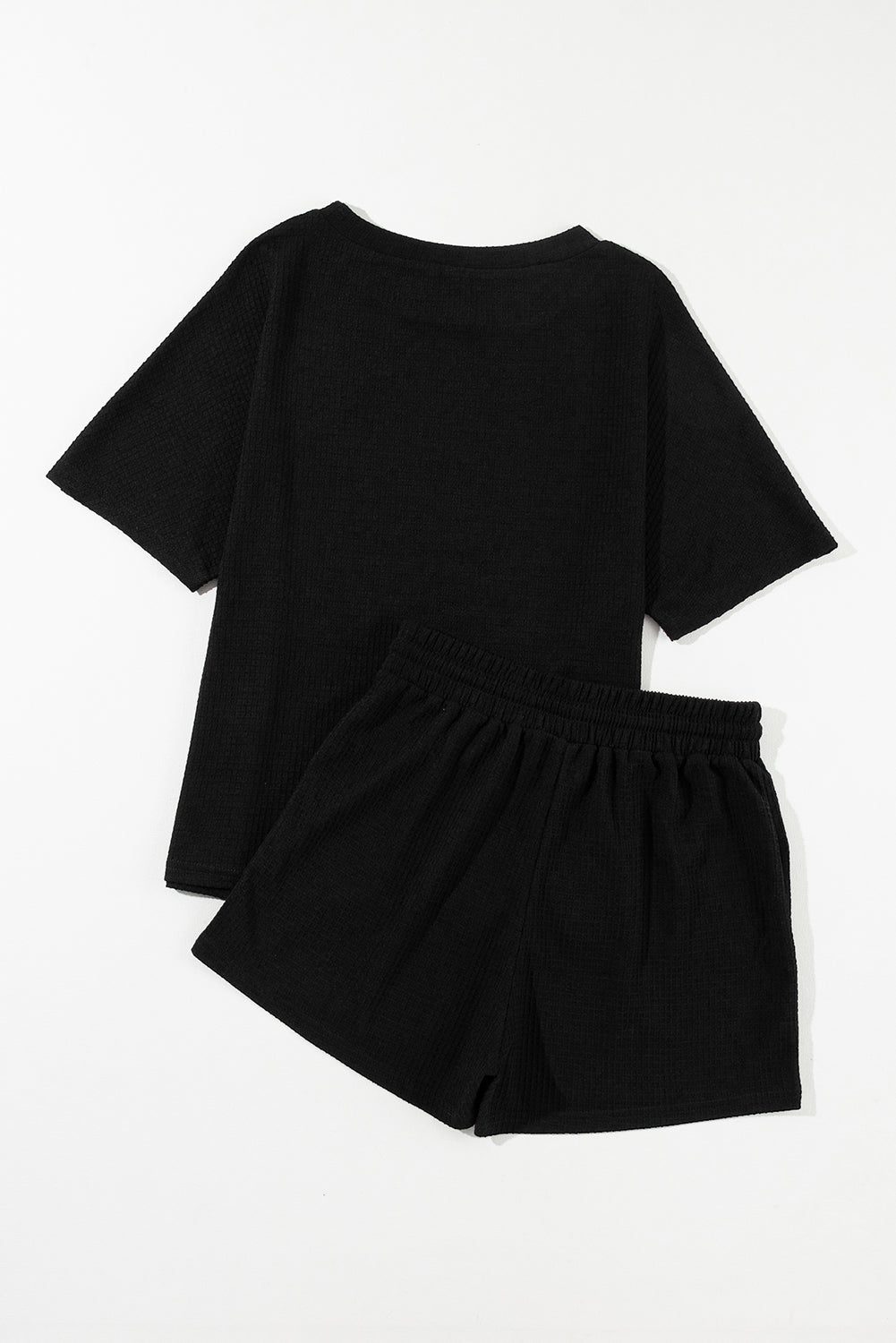 Black Casual Textured Tee and Drawstring Shorts Set Short Sets JT's Designer Fashion