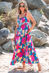 Dark Blue Floral High Waist Sleeveless Flared Long Dress Floral Dresses JT's Designer Fashion