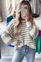Gray Stripe Drop Shoulder Crew Neck Sweater Sweaters JT's Designer Fashion