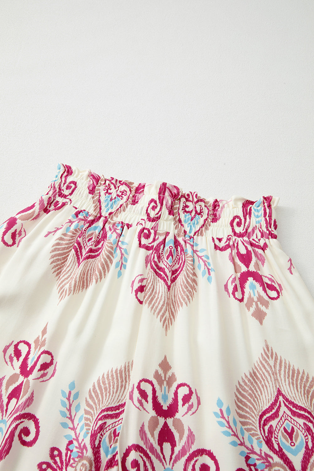 Rose Boho Printed Shirred High Waist Flowy Wide Leg Pants Pants & Culotte JT's Designer Fashion