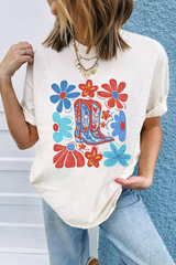 White Floral Cowgirl Boots Print Independence Day T Shirt Graphic Tees JT's Designer Fashion