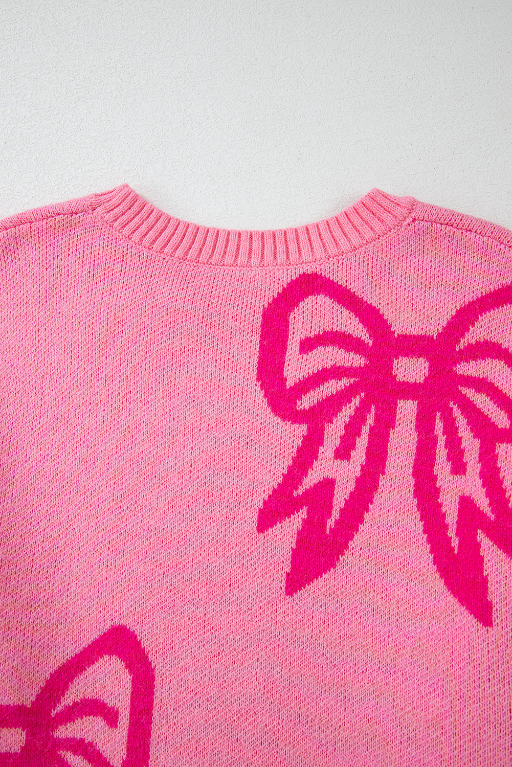 Pink Bow Pattern Drop Shoulder Loose Sweater Sweaters JT's Designer Fashion