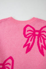 Pink Bow Pattern Drop Shoulder Loose Sweater Sweaters JT's Designer Fashion