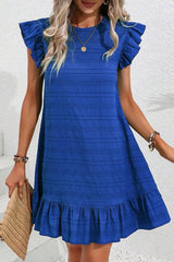 Dark Blue Textured Flutter Sleeve Ruffled Mini Dress Dresses JT's Designer Fashion