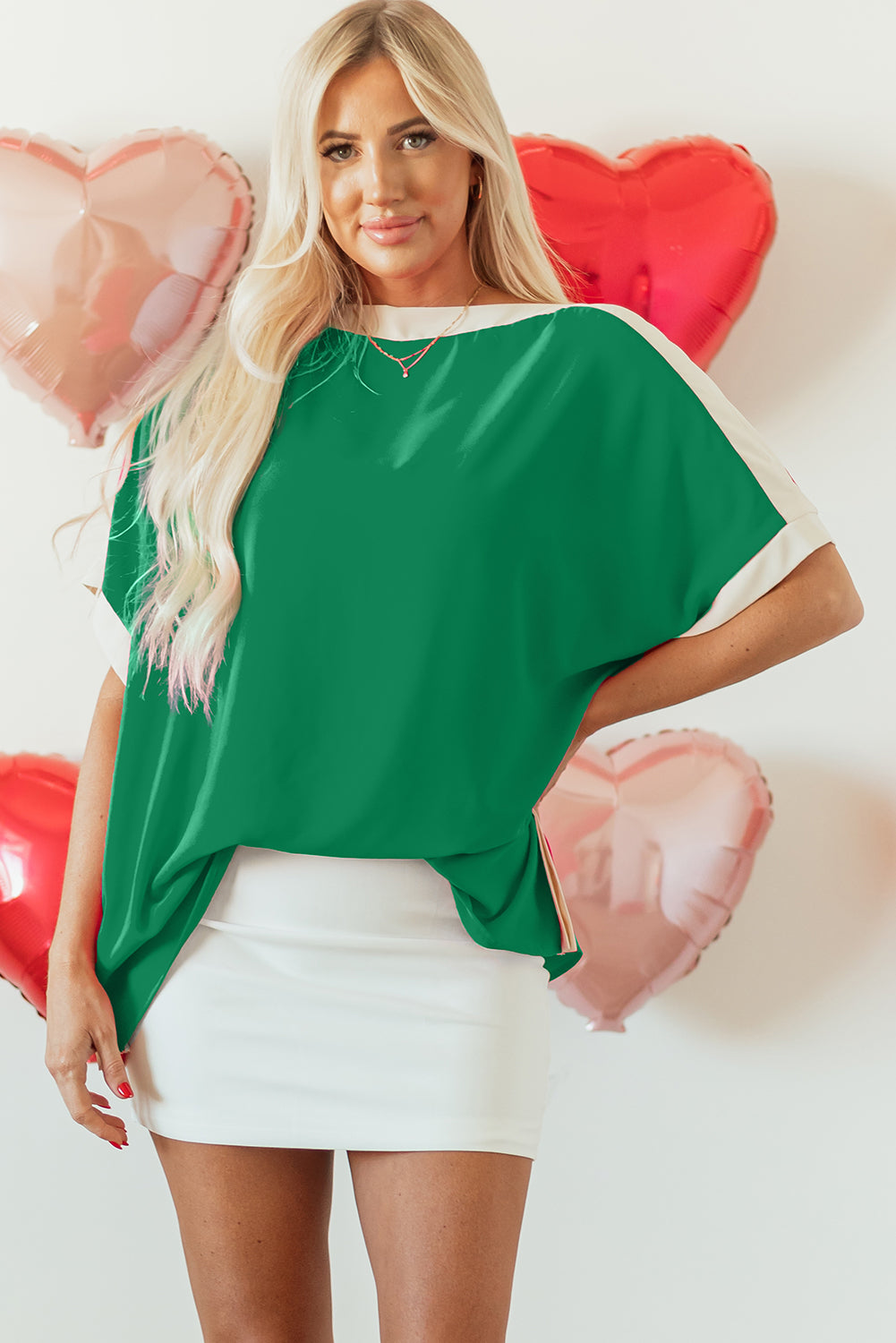Green Oversized Color Block Boat Neck Tunic Blouse Green 100%Polyester Blouses & Shirts JT's Designer Fashion