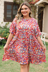 Red Dainty Flower Printed Plus Size Short Sleeve Shift Dress Plus Size Mini Dresses JT's Designer Fashion