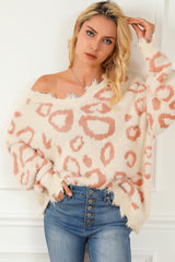 Leopard Animal Print Distressed Trim Fuzzy Sweater Sweaters & Cardigans JT's Designer Fashion