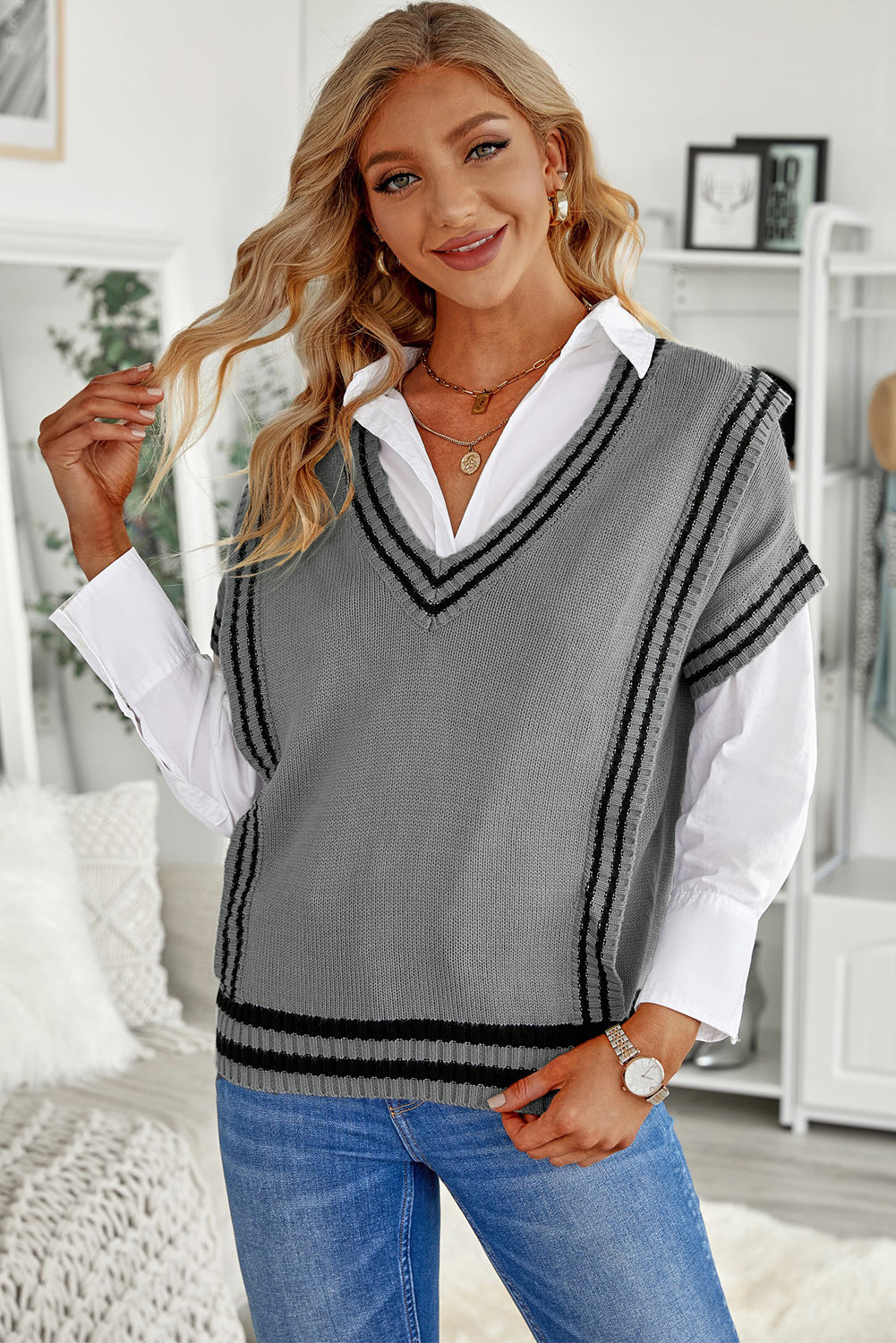 Gray V Neck Contrast Stripes Trims Short Sleeve Sweater Sweaters & Cardigans JT's Designer Fashion