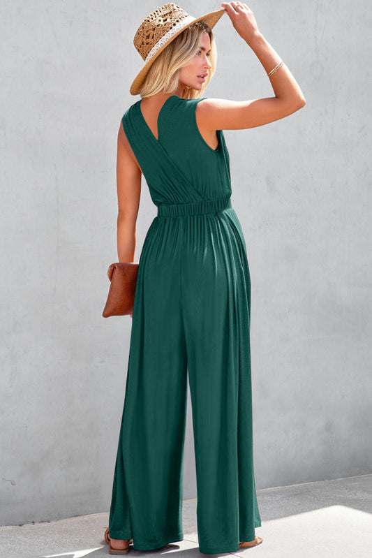 Blackish Green Deep V Pleated Crisscross Wide Leg Backless Jumpsuit Jumpsuits & Rompers JT's Designer Fashion