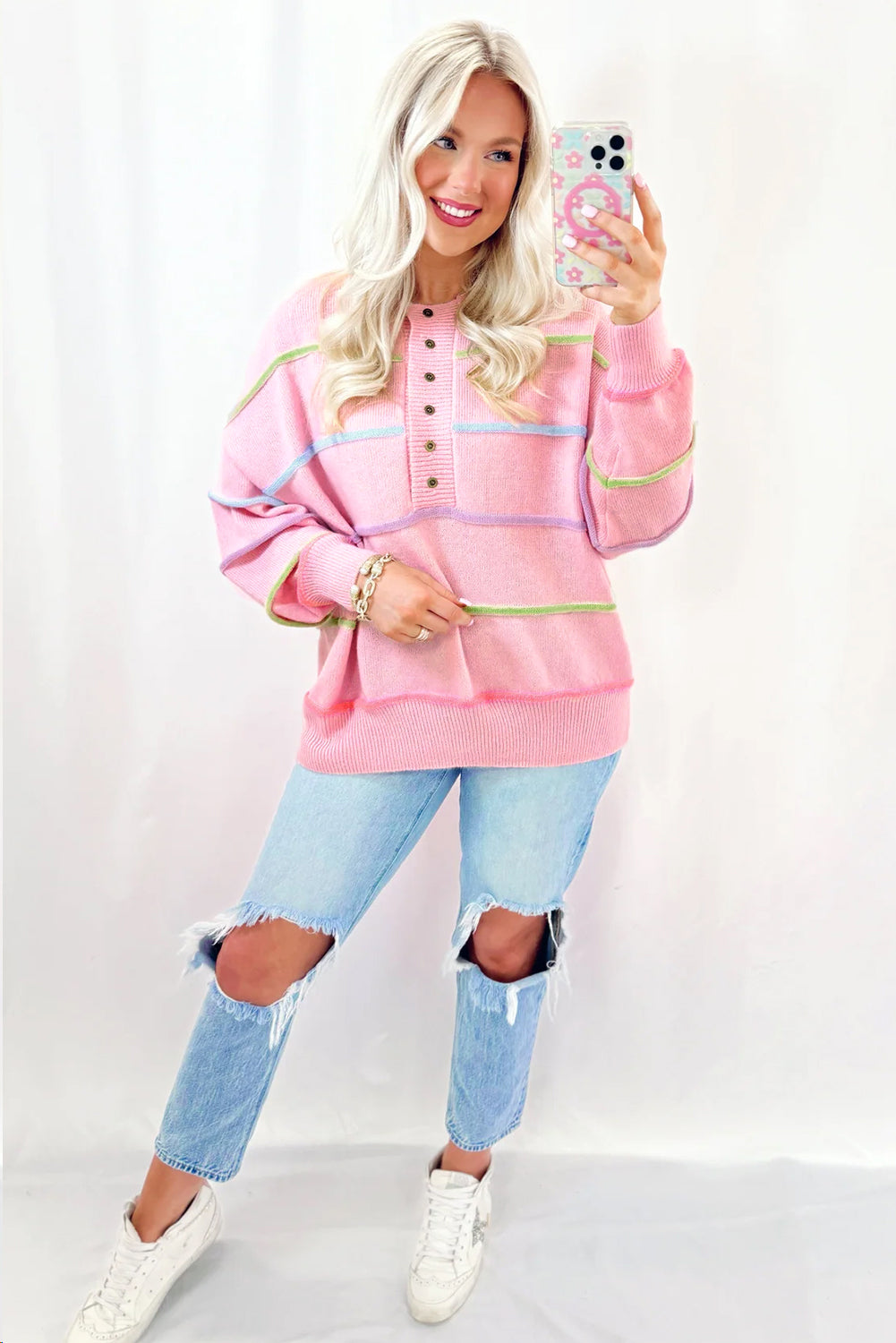 Pink Rainbow Stripes Drop Shoulder Baggy Henley Sweater Sweaters JT's Designer Fashion