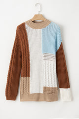 Khaki Mix Textured Knit Colorblock Patchwork Sweater Sweaters JT's Designer Fashion