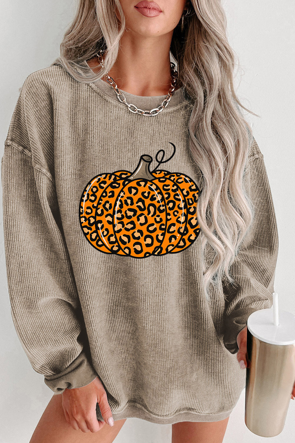 Khaki Halloween Leopard Pumpkin Graphic Corded Sweatshirt Khaki 100%Polyester Graphic Sweatshirts JT's Designer Fashion