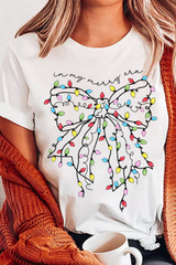 White Colored Light Bowknot Graphic Crewneck T Shirt Graphic Tees JT's Designer Fashion