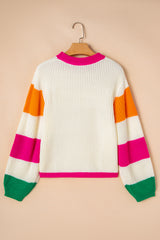 Beige Colorblock Flower Print Cable Knit Loose Sweater Sweaters JT's Designer Fashion
